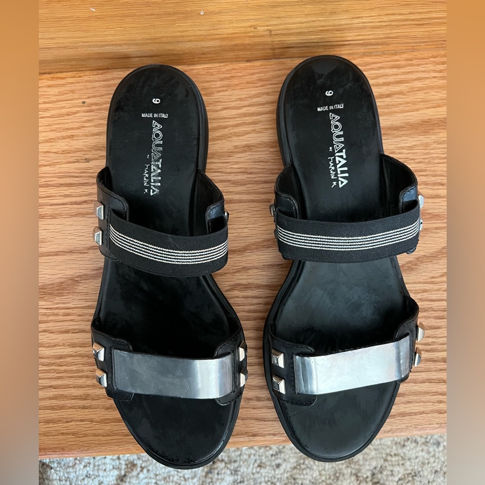 Aquatalia Black and Silver Studded Slide Sandals